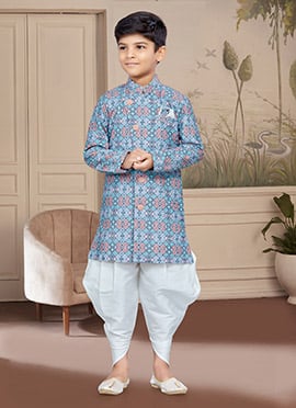 Blue Art Silk Embroidered Indowestern Sherwani For Boys