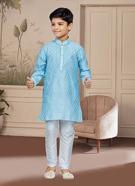 Blue Art Silk Embroidered Kurta Pyjama for Boys