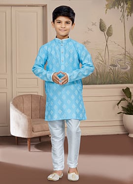 Blue Art Silk Embroidered Kurta Pyjama for Boys