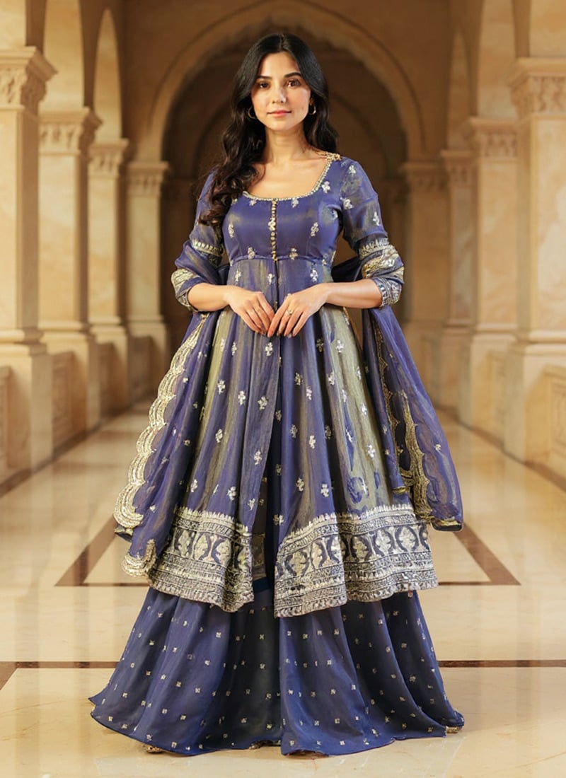 Blue Art Silk Embroidered Sequins Anarkali Lehenga Festive Wear