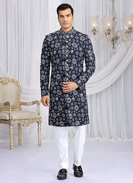Blue Art Silk Embroidered Sequins Beads Zari Indowestern Sherwani