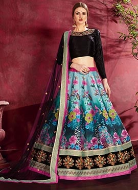 Blue Art Silk Embroidered Work Umbrella Lehenga