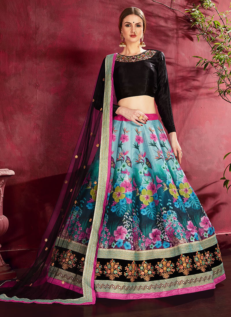 Blue Art Silk Embroidered Work Umbrella Lehenga Party Wear