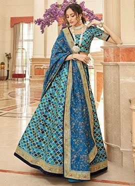 Blue Art Silk Embroidery Sequins Printed Work Umbrella Lehenga