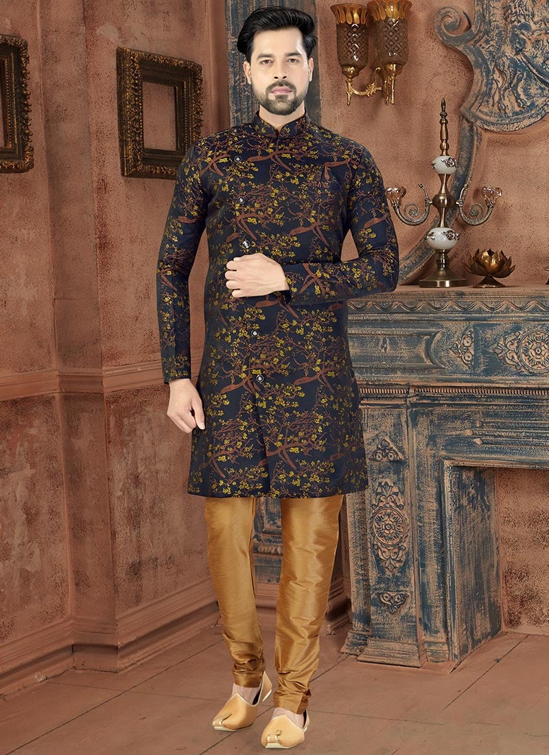 Blue Art Silk Indowestern Sherwani Wedding Wear