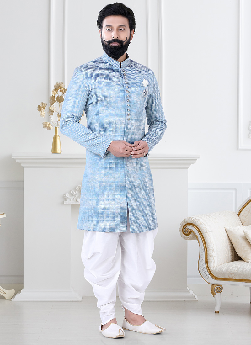 Blue Art Silk Jacquard Classic Sherwani Party Wear