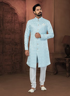 Blue Art Silk Jacquard Classic Sherwani