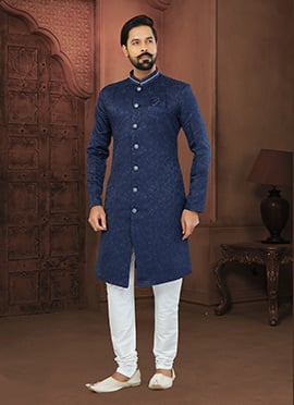 Blue Art Silk Jacquard Classic Sherwani