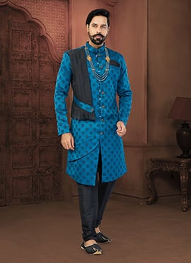 Blue Art Silk Jacquard Classic Sherwani