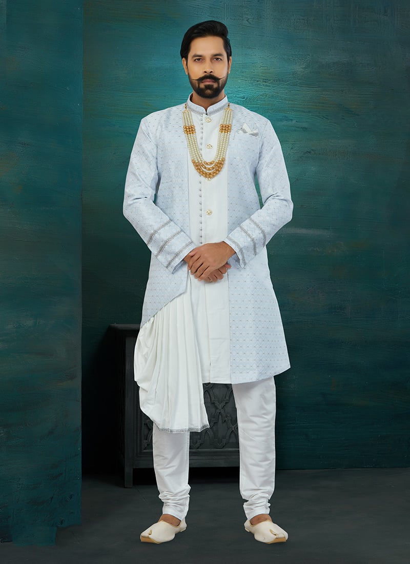 Blue Art Silk Jacquard Classic Sherwani Wedding Wear