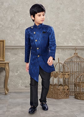 Blue Art Silk Jacquard Indowestern Sherwani