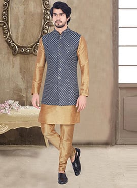Blue Art Silk Jacquard Nehru Jacket