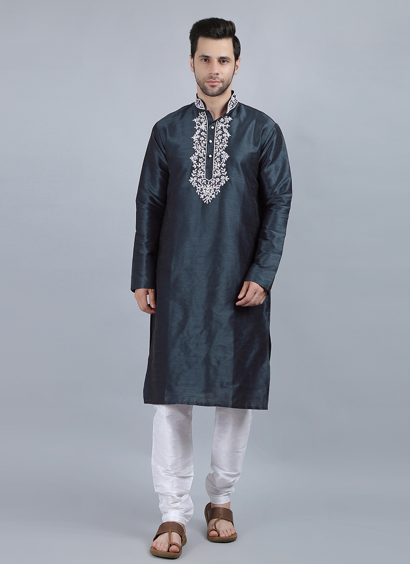 Blue Art Silk Kurta Pyjama Festive Wear