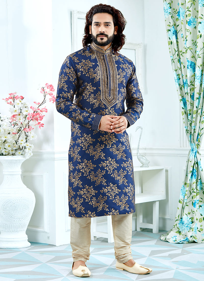 Blue Art Silk Kurta Pyjama Party Wear