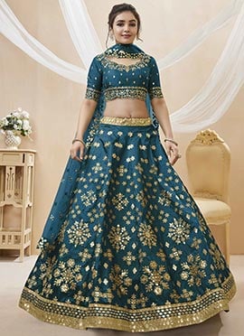 Teal Blue Art Silk Zari Embroidered Umbrella Lehenga