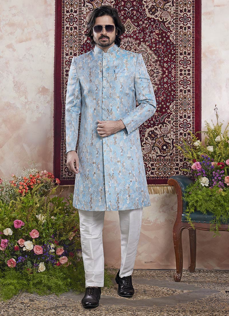 Blue Banarasi Jacquard Indowestern Sherwani Wedding Wear