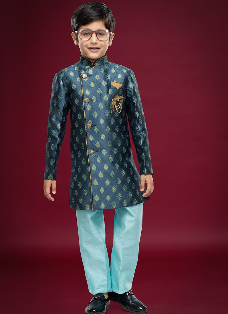 Blue Banarasi Jacquard Kids Boys Indowestern Sherwani
