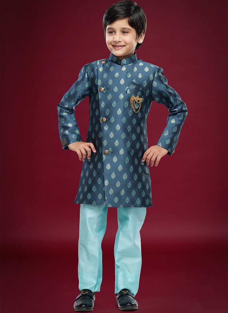 Blue Banarasi Jacquard Kids Boys Indowestern Sherwani Party Wear
