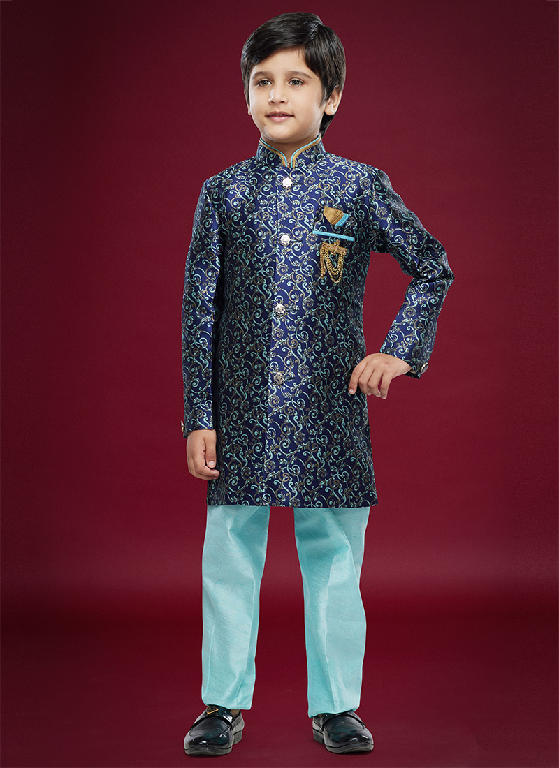 Blue Banarasi Jacquard Kids Boys Indowestern Sherwani Party Wear