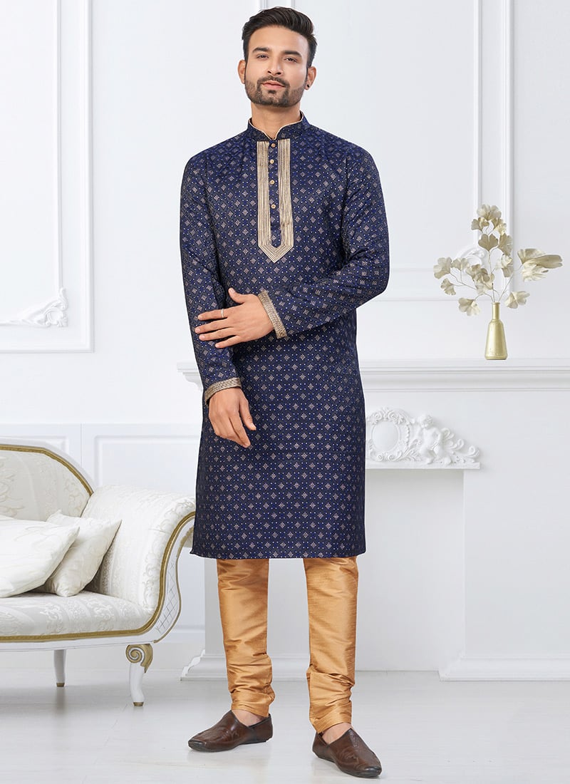 Blue Banarasi Jacquard Silk Kurta Pyjama Festive Wear