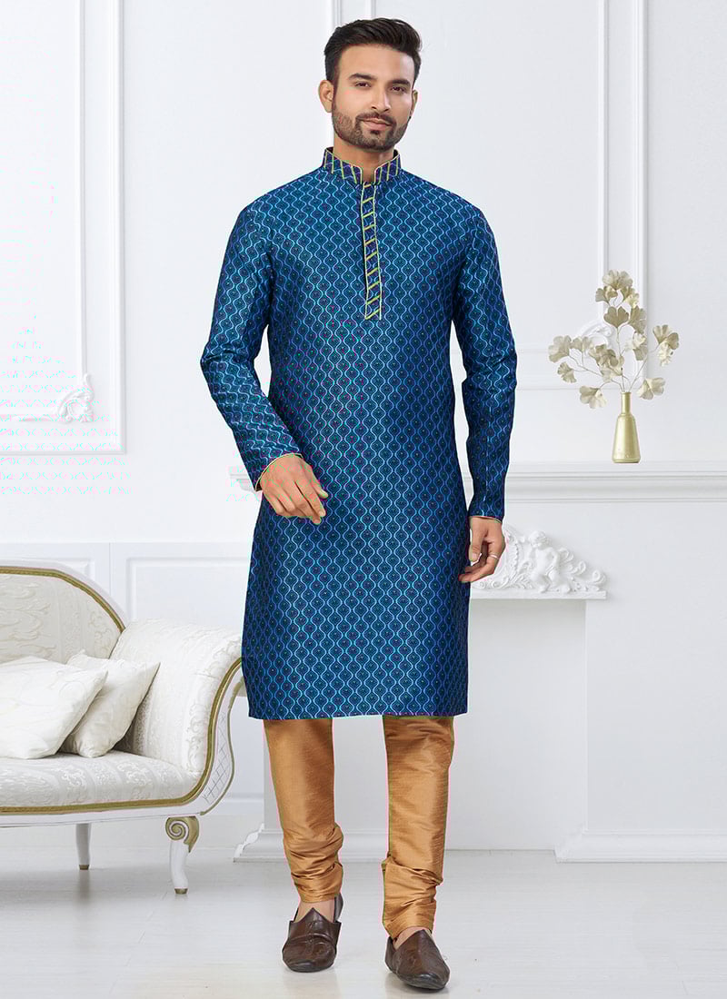 Blue Banarasi Jacquard Silk Kurta Pyjama Festive Wear
