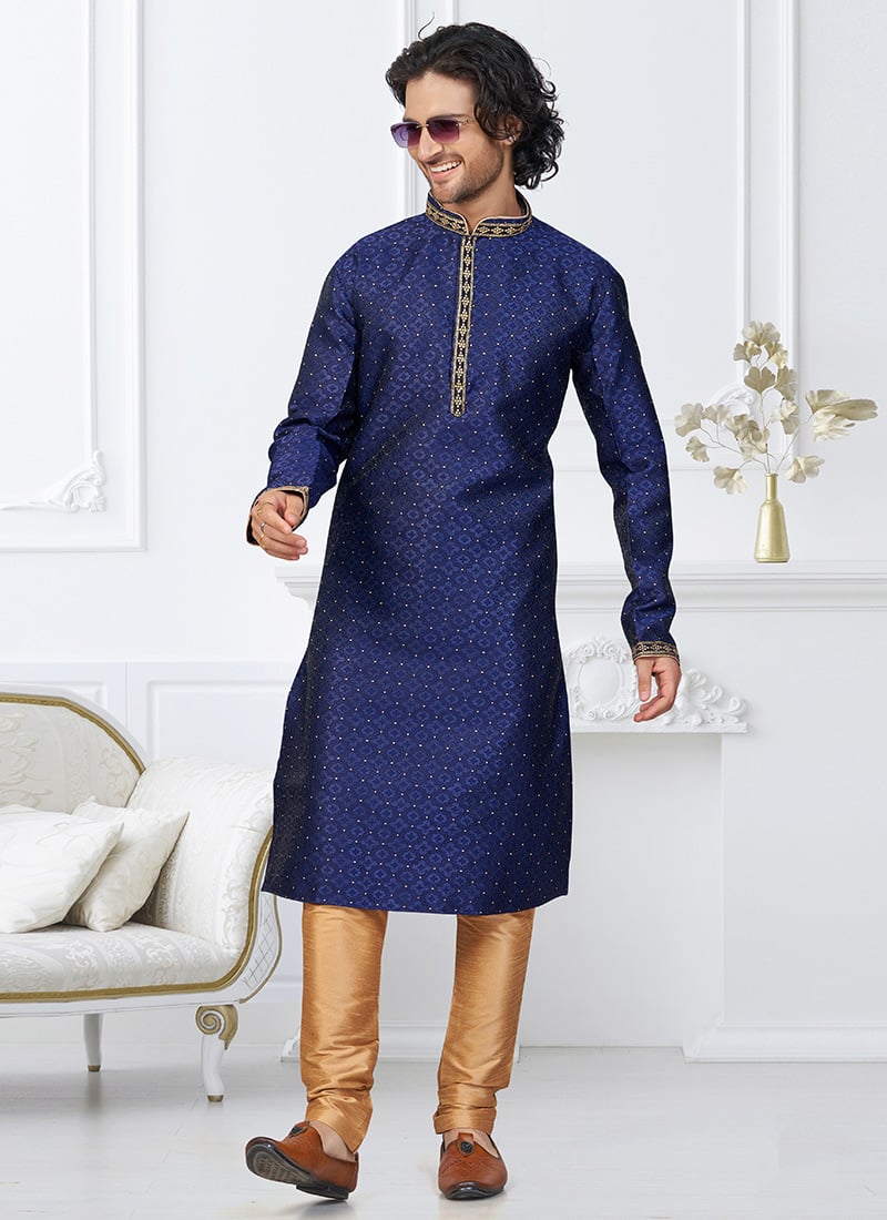 Blue Banarasi Jacquard Silk Kurta Pyjama Festive Wear