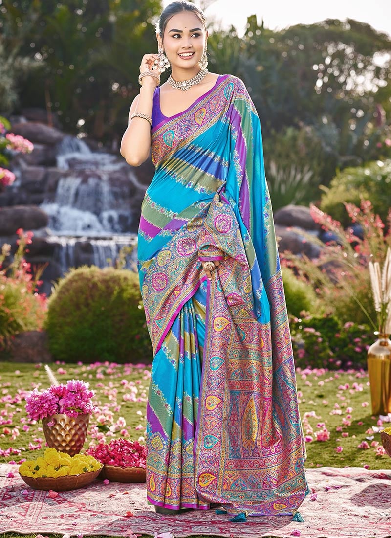 Blue Banarasi Satin Silk Zari Woven Saree Festive Wear