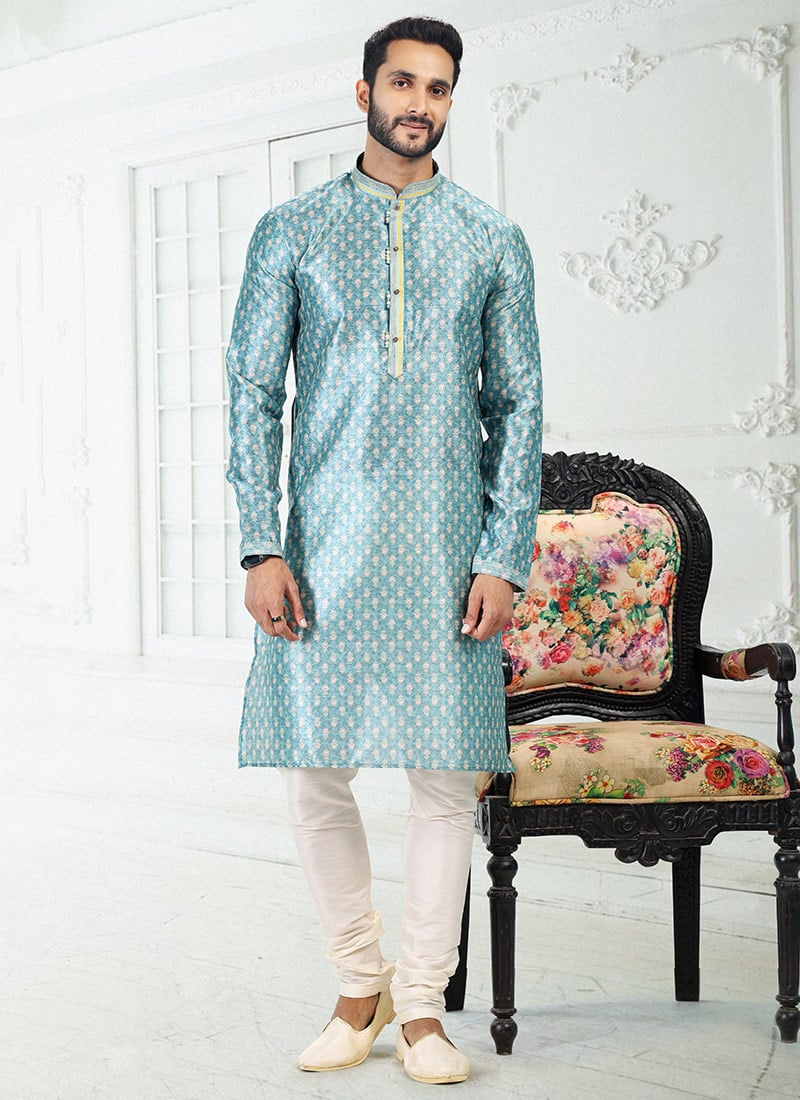 Blue Banarasi Silk Digital Pinted Kurta Pyjama Festive Wear
