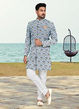 Blue Banarasi Silk Embroidered Indowestern Sherwani