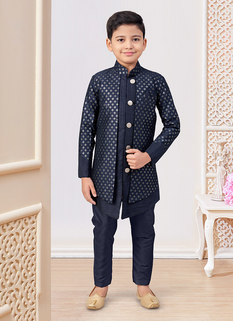 Blue Banarasi Silk Embroidered Sequins Boys Indowestern Sherwani  Wedding Wear