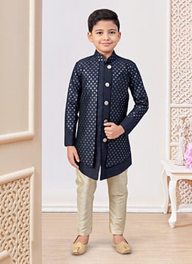 Blue Banarasi Silk Embroidered Sequins Boys Indowestern Sherwani