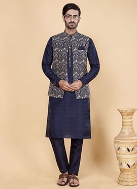 Blue Banarasi Silk Embroidery Work Jacket Bandi Set