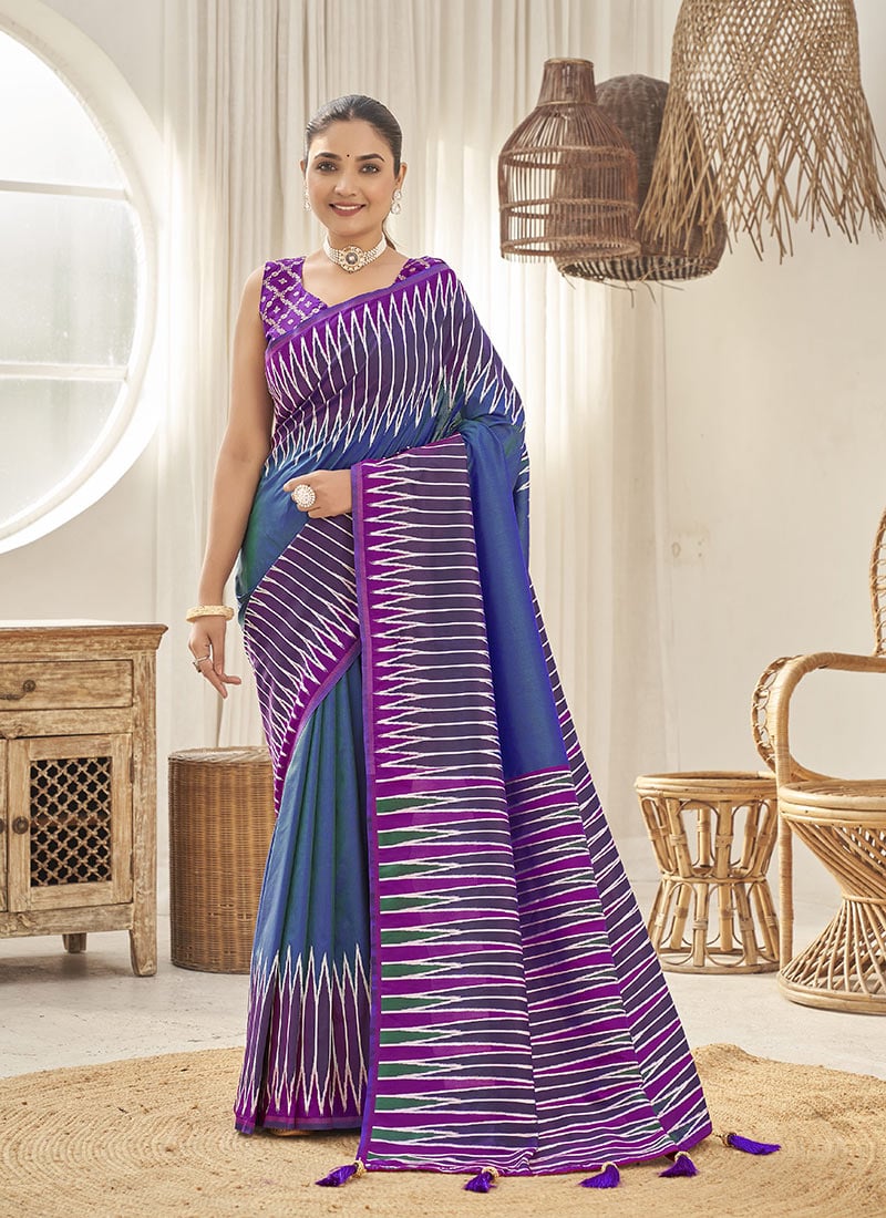 Blue Banarasi Silk Ikkat Print Saree
