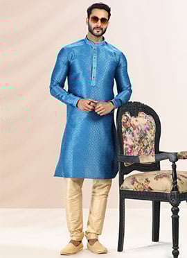 Blue Banarasi Silk Jacquard Work Kurta Pyjama