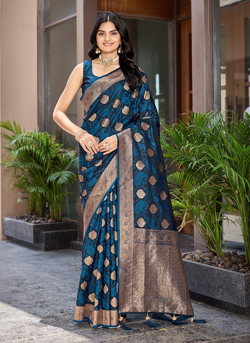 Blue Banarasi Silk Jacquard Woven Beautiful Saree Festive Wear