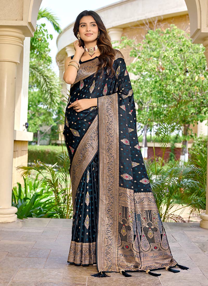 Blue Banarasi Silk Jacquard Woven Saree Festive Wear