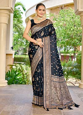 Blue Banarasi Silk Jacquard Woven Saree