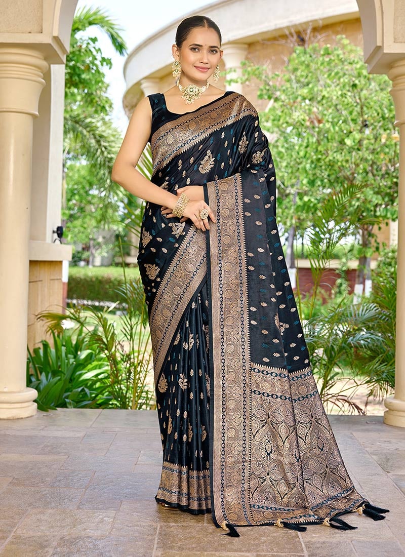 Blue Banarasi Silk Jacquard Woven Saree Festive Wear