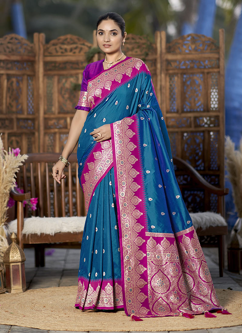 Blue Banarasi Silk Jacquard Woven Saree