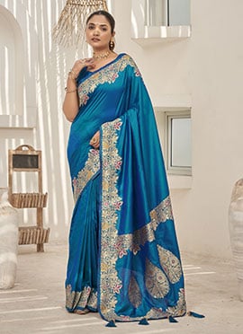Blue Banarasi Silk Jacquard Woven Saree