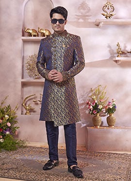 Blue Banarasi Silk Jacquard Zardosi Hand Work Indowestern Sherwani