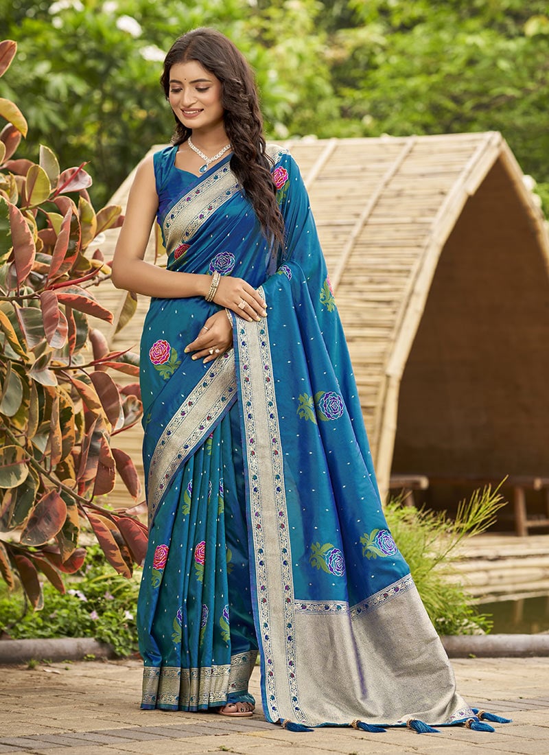 Blue Banarasi Silk Jacquard Zari Saree Festive Wear