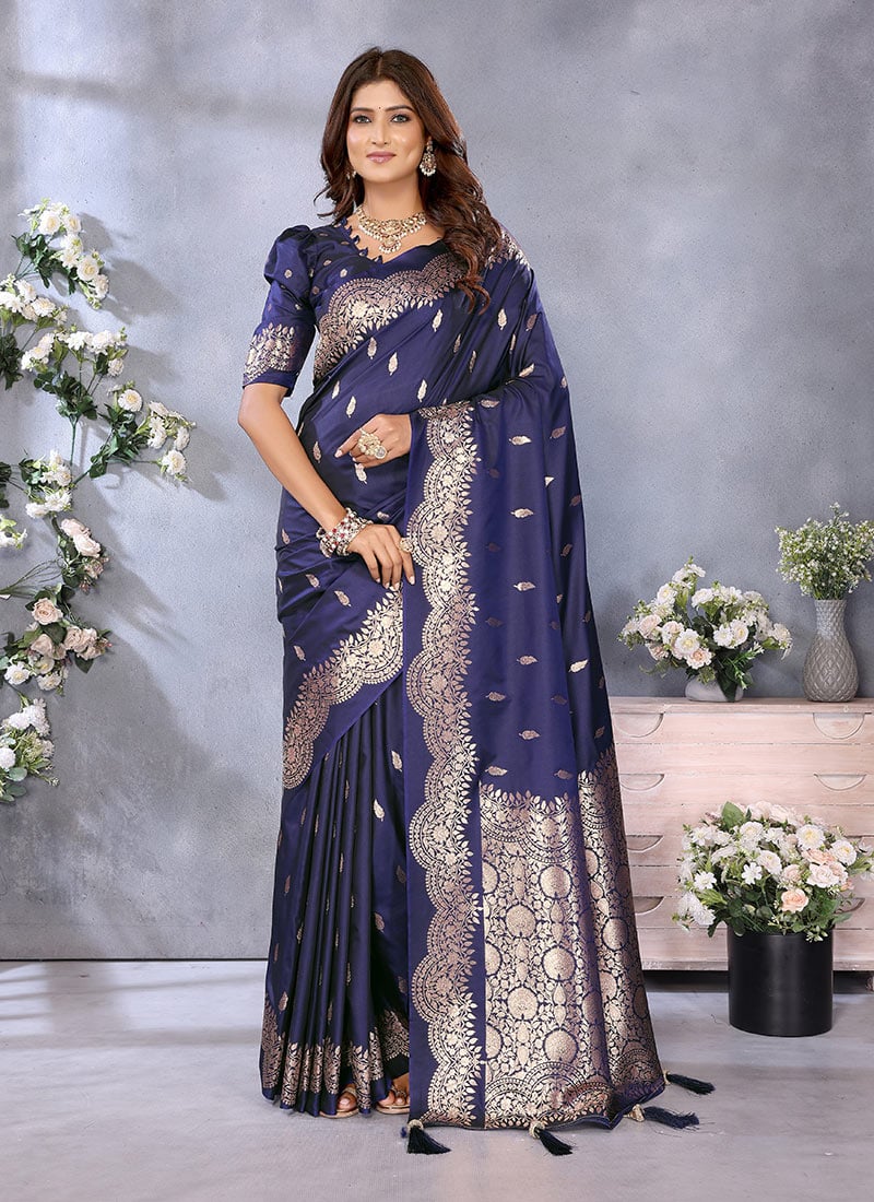 Blue Banarasi Silk Jacquard Zari Saree Festive Wear