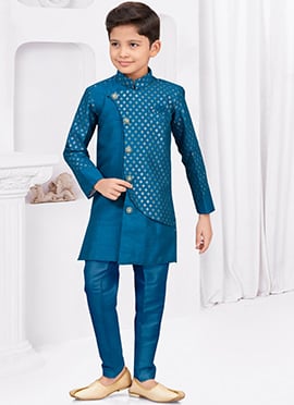 Blue Banarasi Silk Thread Sequins Kids Boys Indowestern Sherwani