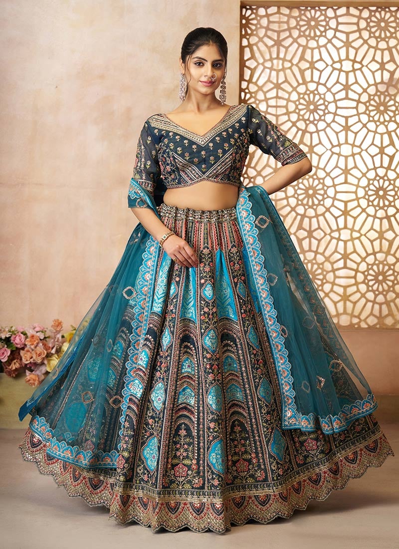 Blue Banarasi Silk Zari Embroidered Sequins With Stone Work Lehenga Wedding Wear-GHSKF31BLU