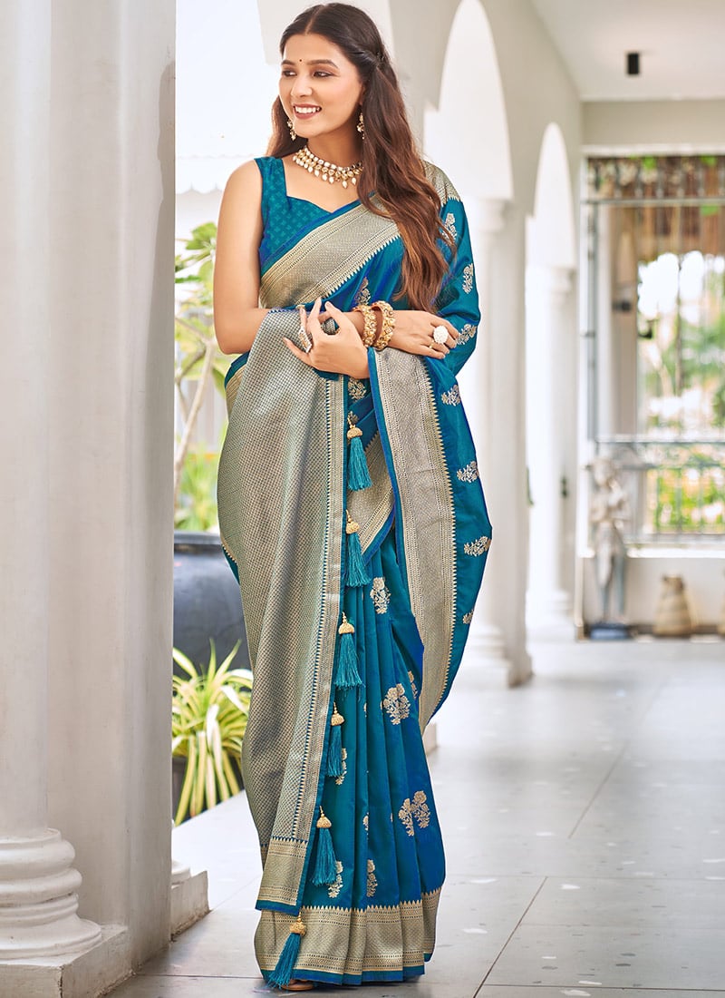 Blue Banarasi Silk Zari Woven Classy Saree Festive Wear