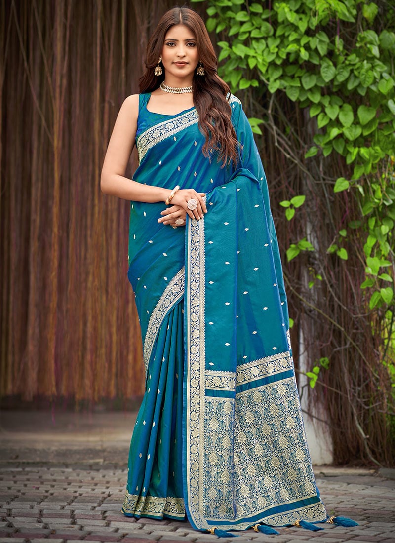 Blue Banarasi Silk Zari Woven Elegant Saree Festive Wear