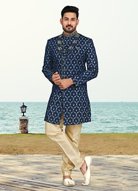 Blue Banarasi Zari Silk Embroidered Indowestern Sherwani