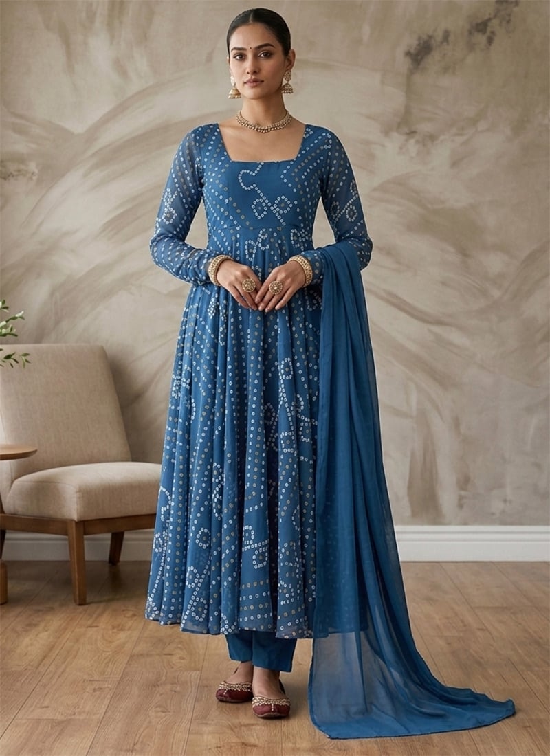 Blue Bandhini Printed Anarkali Suit Festive Wear