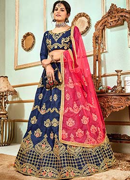 Blue Bangalori Silk Embroidered A Line Lehenga